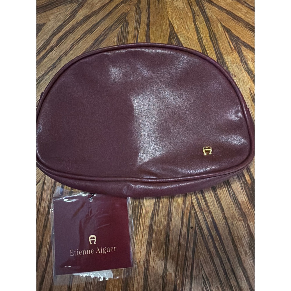 Etienne Aigner Burgundy Leather Cosmetic Pouch Zip Makeup Bag NWT